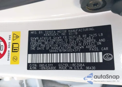 2019 Lexus Es 350 z USA, uszkodzony, nr VIN 58ABZ1B19KU024372